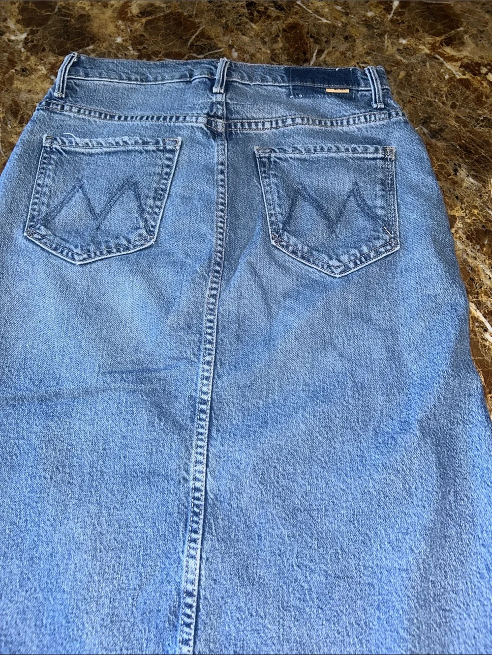 Mother the split second Classic Blue Denim Midi Skirt high diagonal front slit